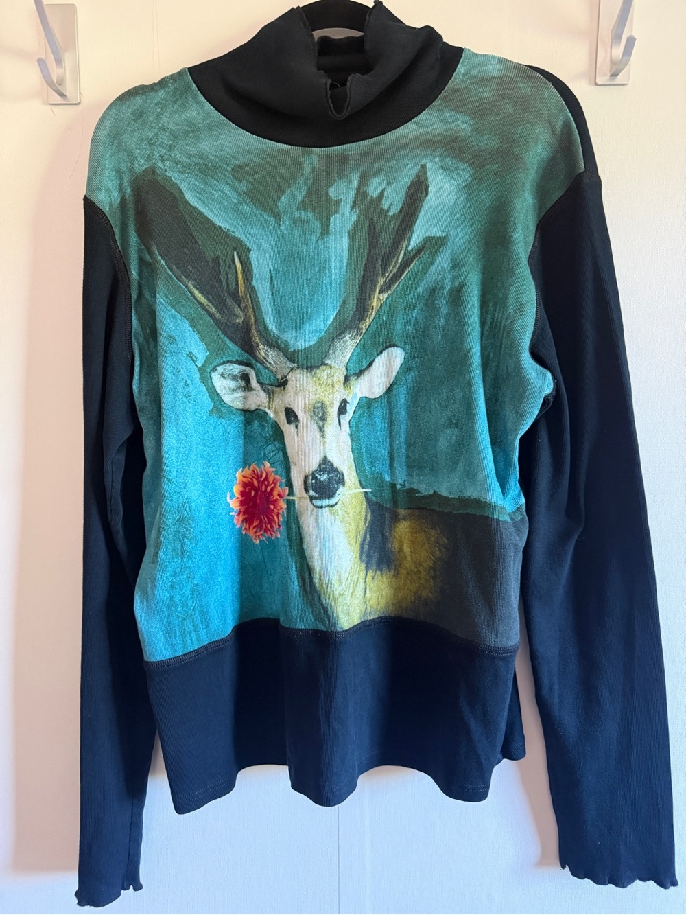 Marc Cain Deer Print Turtleneck Top N6 XL Black Cotton Art Graphic Germany